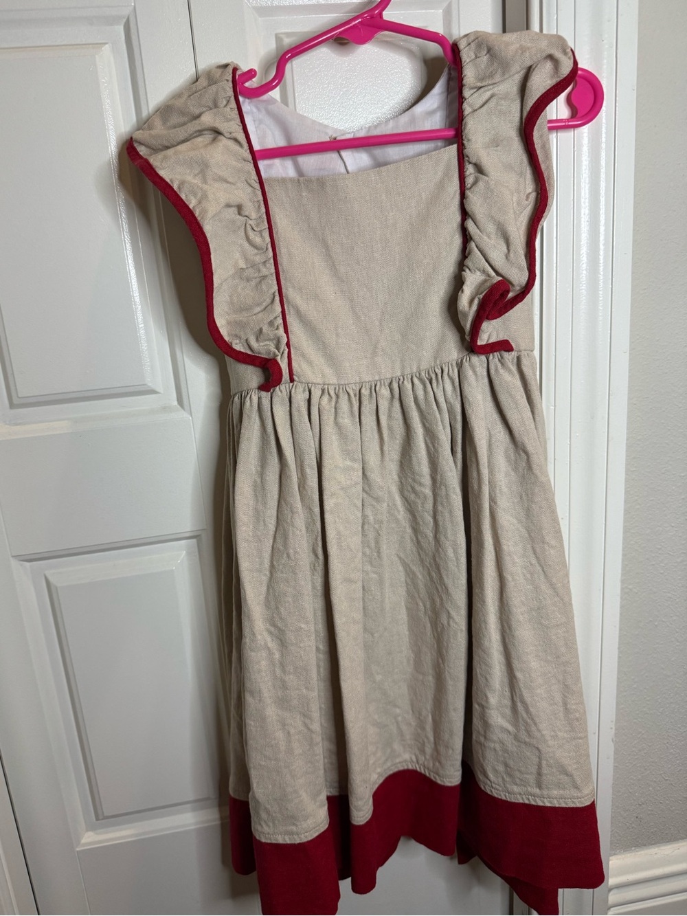 Kelly’s Kids Girls Beige Dress with Red Trim - Classic Ruffle Shoulder